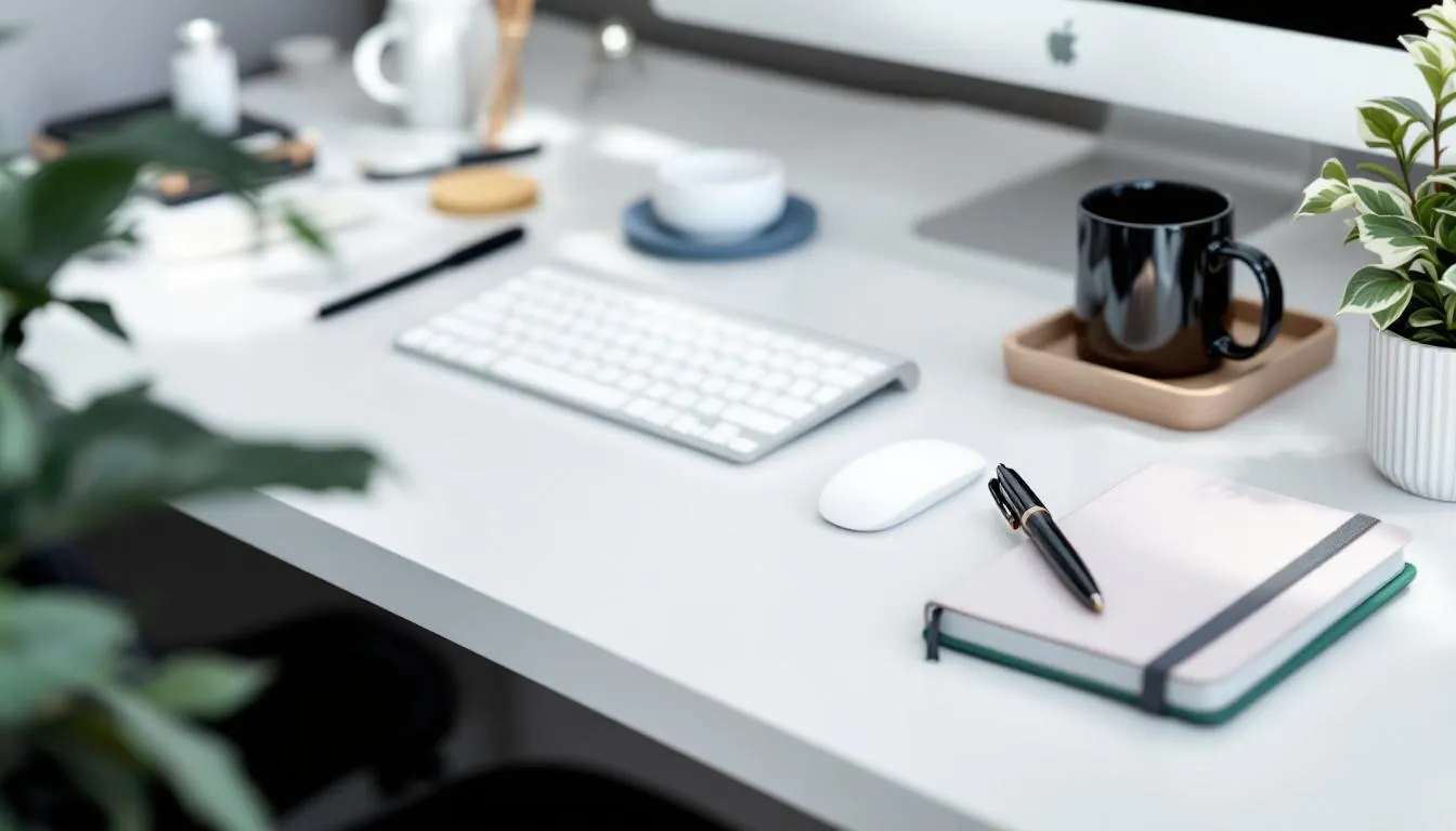 Na białym biurku znajdują się eleganckie akcesoria biurowe, takie jak stylowy długopis, notes w skórzanej oprawie oraz estetyczny organizer na dokumenty. Te praktyczne i eleganckie przedmioty mogą być doskonałym prezentem na 18 urodziny dla dziewczyny, dodając uroku jej codziennemu życiu.