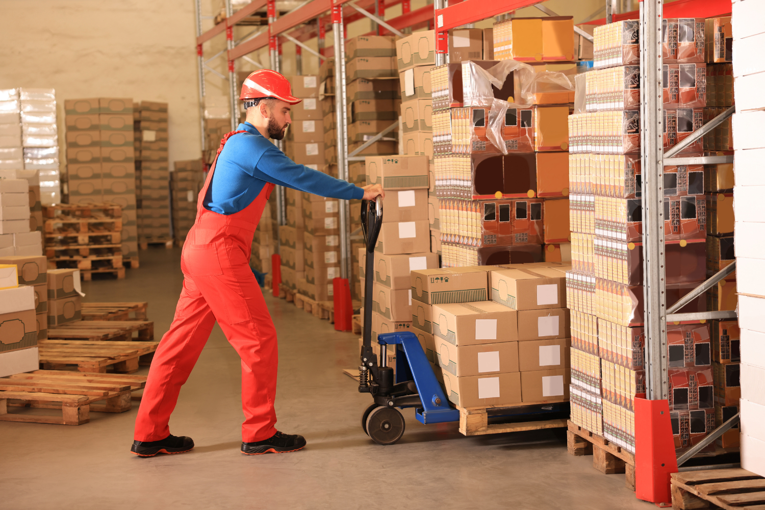 Facility worker with boxes for shipment.