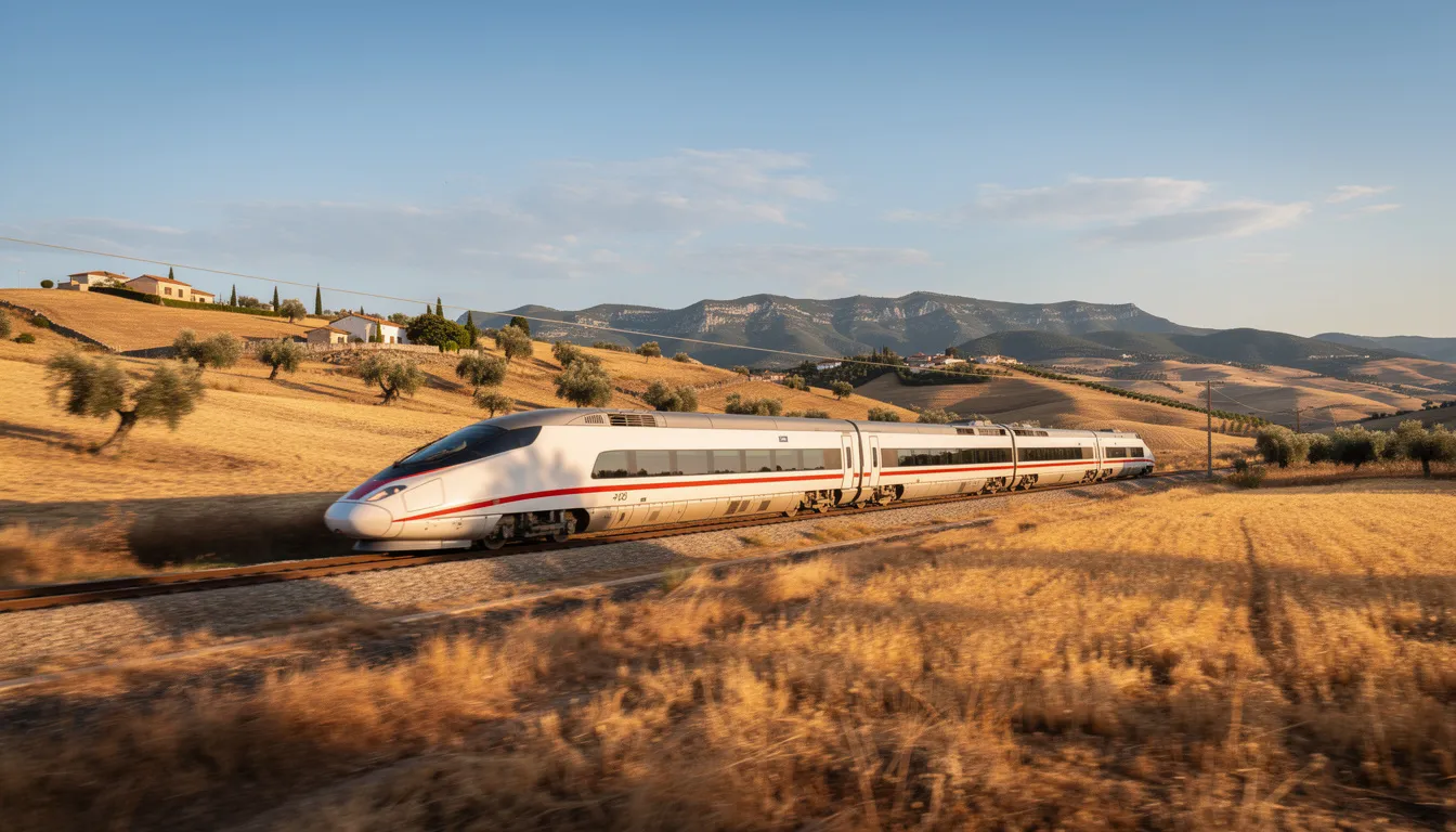 A high-speed train is swiftly traveling through the picturesque Spanish countryside, surrounded by rolling hills and vibrant greenery. This scene captures the essence of travel in Spain, where you can explore charming villages and enjoy local cuisine along your journey.