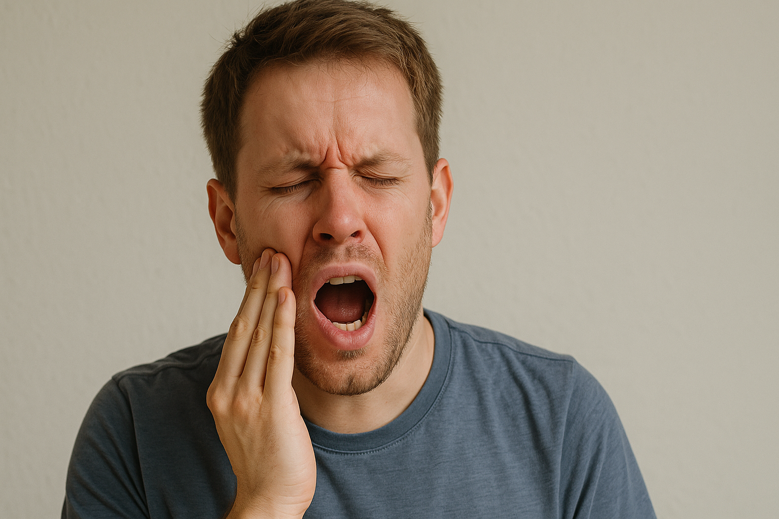Ung mann holder hånden mot kinnet og viser tydelige smerter, mulig tannverk, i et nøytralt og rolig innendørsmiljø.
