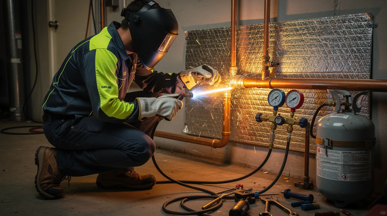 An HVAC technician is seen brazing copper refrigerant lines while wearing protective equipment, ensuring the proper installation of a new air conditioning system. This process is crucial for maintaining the energy efficiency and performance of the ac unit, ultimately helping to reduce energy bills and enhance cooling efficiency.