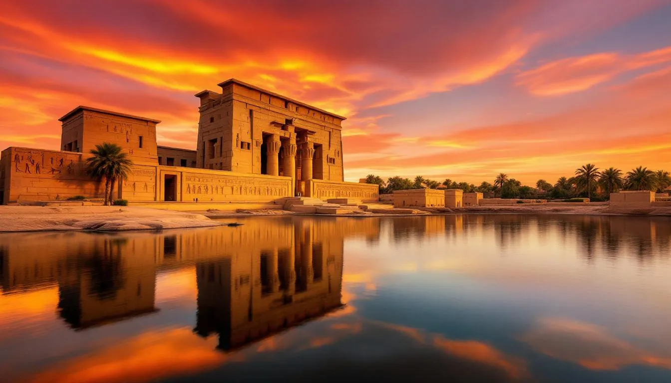 Imagem de um templo egípcio, refletindo nas águas tranquilas do Rio Nilo durante um deslumbrante pôr do sol. O cenário evoca a grandiosidade do antigo Egito, com a silhueta do templo de Dendera em destaque, cercado por cores quentes do crepúsculo.