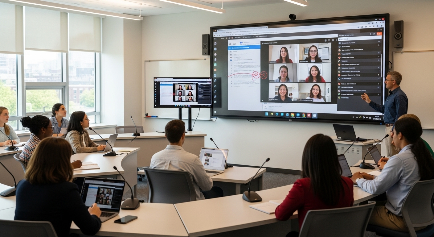 Hybrid education model showing in-class and remote students connected in a unified digital workspace.
