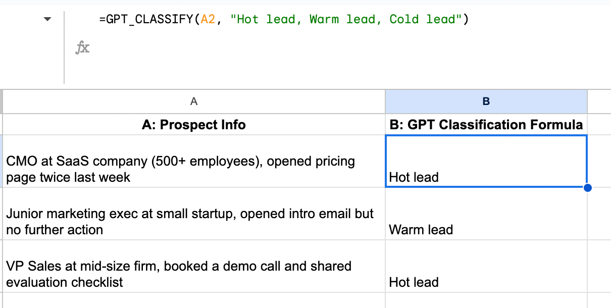 Example of GPT_CLASSIFY function in action