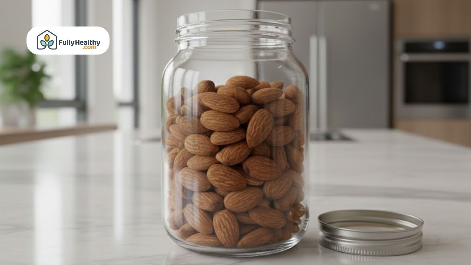 Glass jar filled with almonds on a kitchen counter.