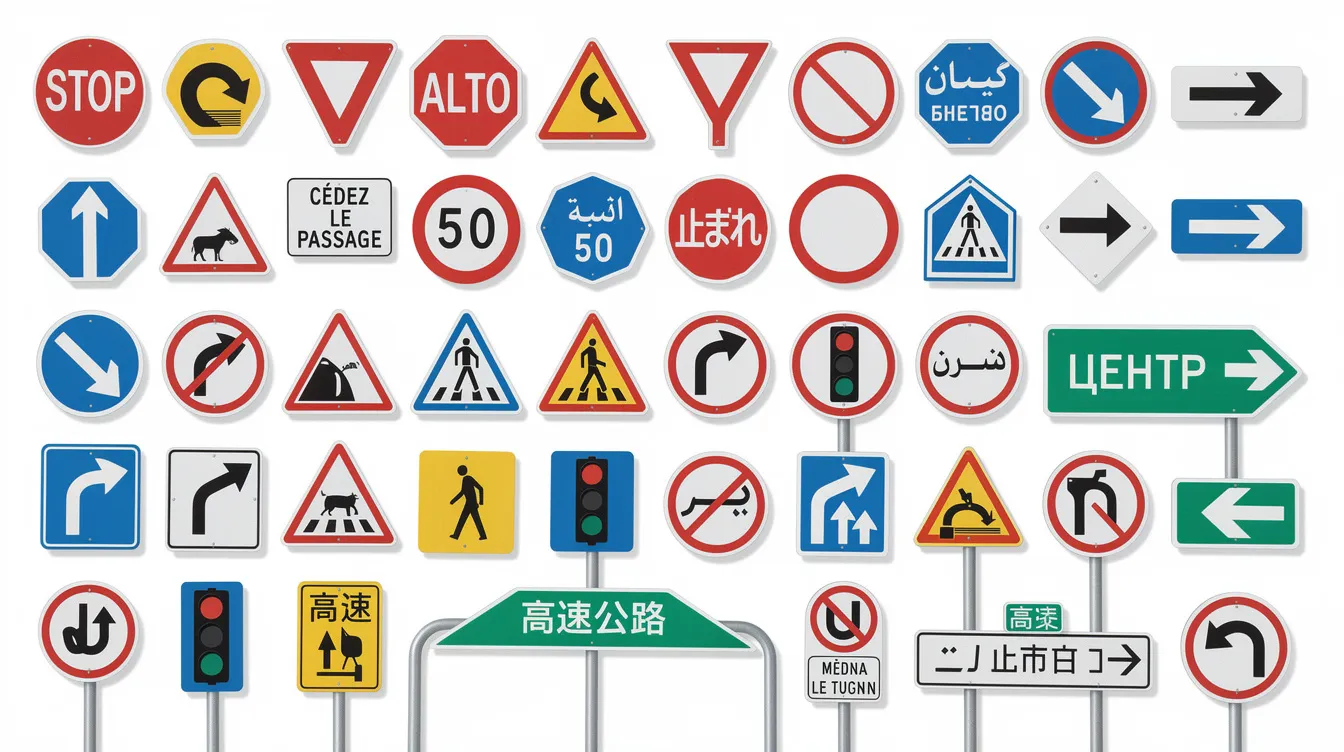 The image features a collection of international road signs displayed in various languages and styles, illustrating the diverse driving rules and regulations from different countries around the world. These signs highlight unusual driving laws and safety regulations that drivers should be aware of when traveling abroad.