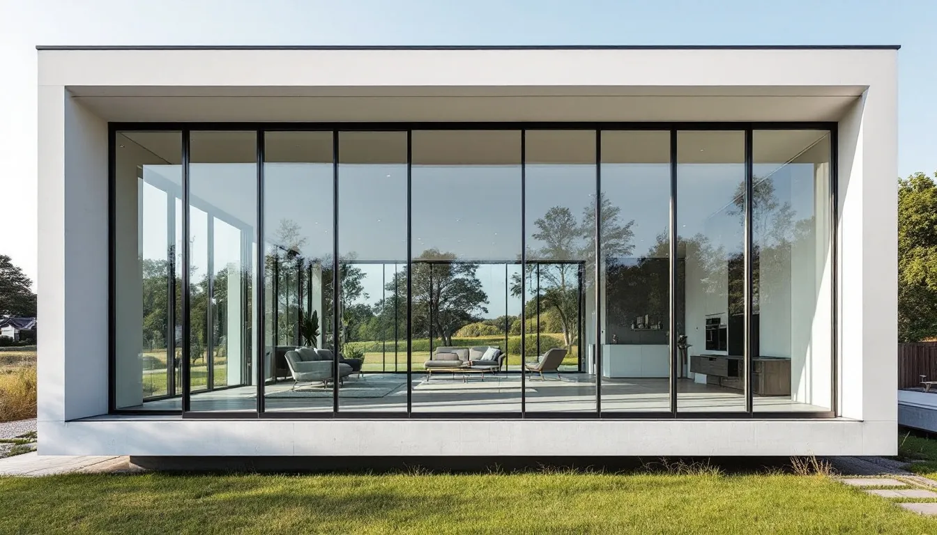 Een modern huis met grote aluminium kozijnen en veel glas, dat een strakke uitstraling heeft en veel natuurlijk licht binnenlaat. De aluminium ramen zijn ontworpen voor uitstekende thermische isolatie en bieden een moderne uitstraling aan de gevel van het huis.