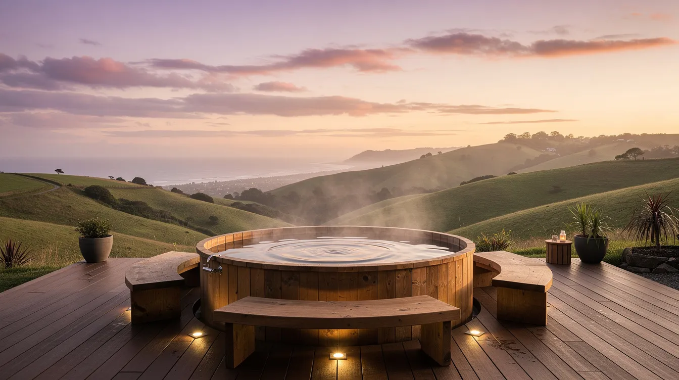 An outdoor wooden hot tub sits on a deck, offering panoramic views of lush green hills and the distant coastline at dusk