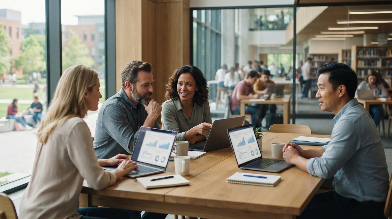 Photorealistic university faculty reviewing AI learning platforms on laptops during a collaborative meeting while students study in the background, modern higher education environment.