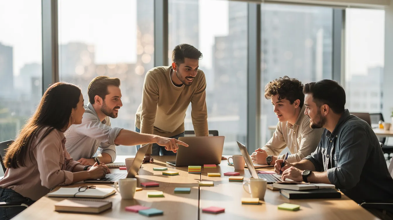The image shows a diverse team of professionals collaborating around a table filled with laptops, sticky notes, and coffee cups in a bright office environment. They are engaged in discussion, likely working on projects or brainstorming ideas, reflecting a dynamic and creative workspace.