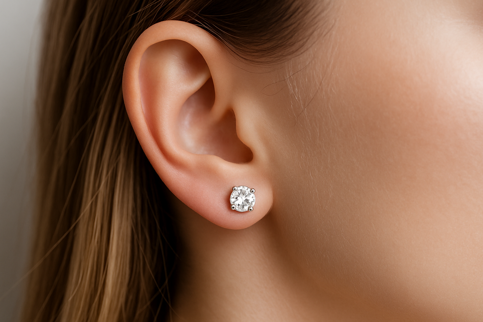 Auskarai su deimantais baltame aukse ant ausies