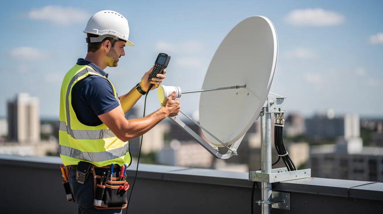 A professional technician is using a signal meter to align a satellite dish for optimal reception, ensuring uninterrupted viewing for customers. This scene reflects the expertise involved in dstv installation and repair services in Kommetjie.