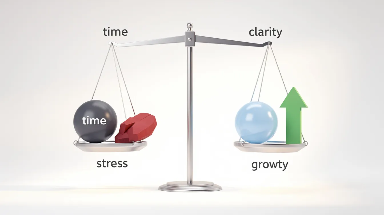 The image depicts a minimalist balanced scale, with the left side weighing down with "time" and "stress," while the right side is elevated with "clarity" and "growth," symbolizing the trade-offs property owners face when considering professional financial management for their properties. This visual representation highlights the importance of effective financial management and the benefits that property management services can provide in achieving long-term success and optimizing rental income.