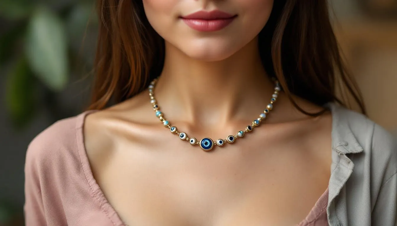 The image showcases a stunning evil eye jewellery collection featuring deep blue and vibrant designs, including bracelets, earrings, and necklaces. Each piece symbolizes protection against negative energy and curses, making them a thoughtful choice for those seeking to enhance their well-being and ward off negativity.