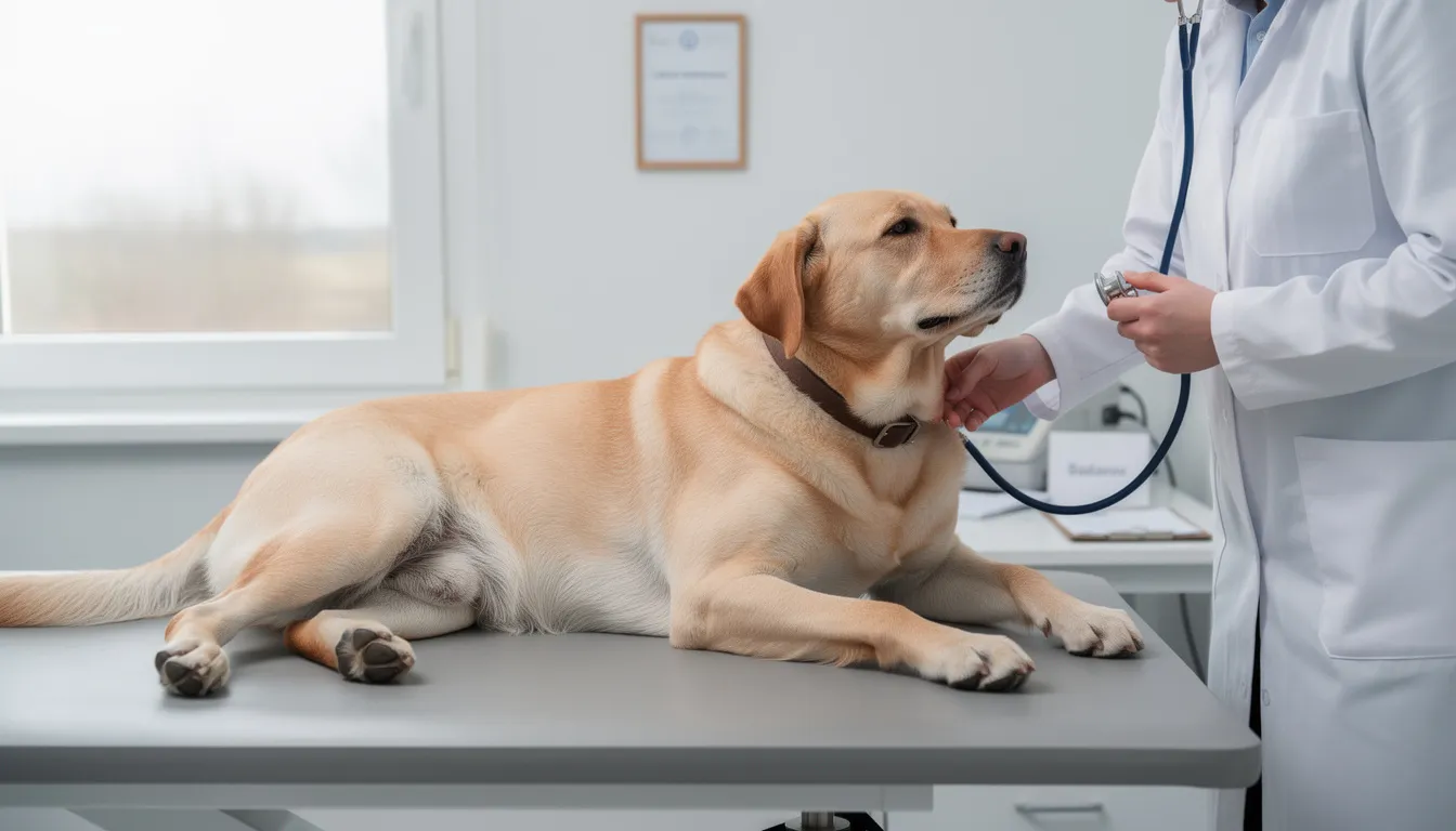 Na zdjęciu widoczny jest Labrador leżący na boku podczas badania weterynaryjnego, gdzie lekarz weterynarii ocenia stan zdrowia psa i wykonuje szczegółowe badanie. W tle można dostrzec sprzęt medyczny, a pies wydaje się być spokojny, co sugeruje dobre zachowanie podczas wizyty.