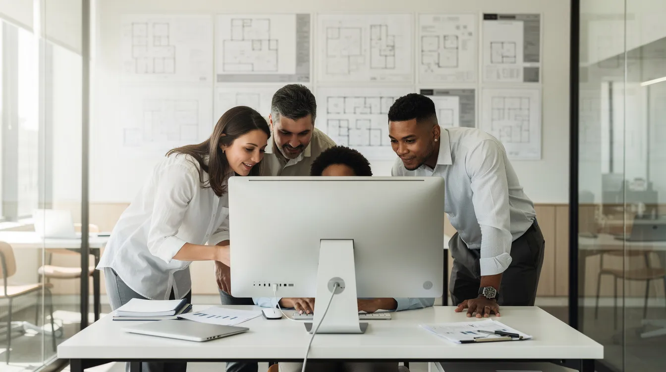 A professional team is collaborating around a large monitor in a modern office, discussing architectural plans displayed on the wall. The atmosphere reflects a focus on innovative strategies, essential for enhancing their marketing strategy and optimizing search engine visibility in the content marketing industry.