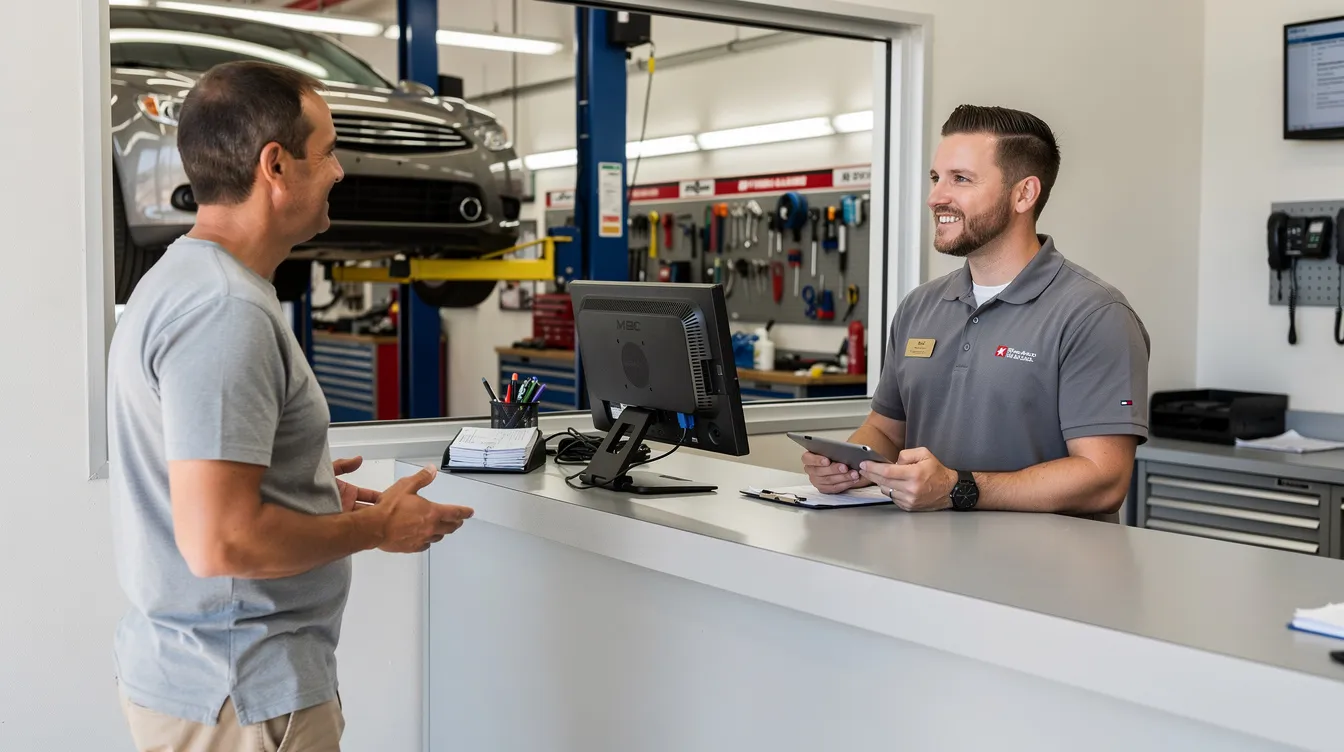 A customer is engaged in conversation with a service advisor at the counter of an auto repair shop, discussing the details of their auto insurance policy and how the car insurance deductible affects the repair costs. The advisor is likely explaining the implications of insurance coverage options, such as collision and comprehensive coverage, and how they relate to filing a claim.