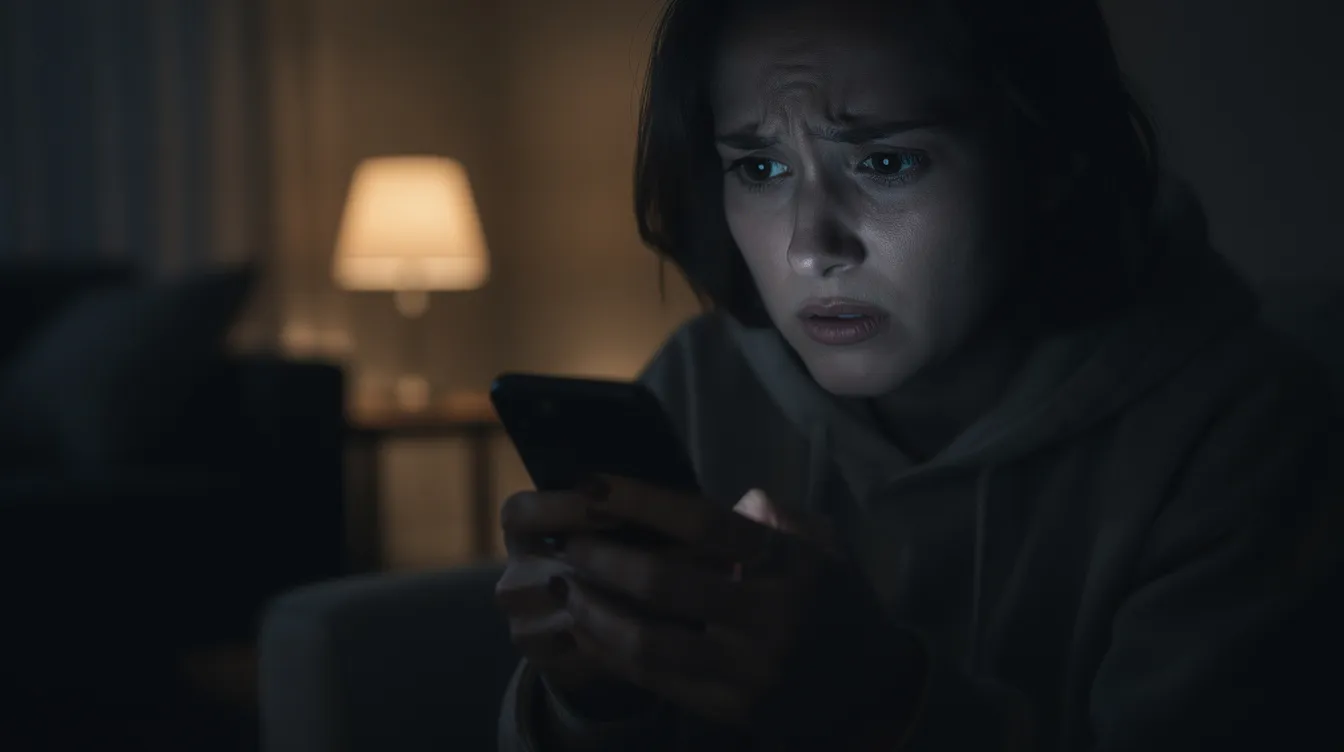 A person is sitting in a dimly lit room, looking at their phone screen with a worried expression, possibly concerned about a suspicious message or a potential scam involving their personal information. The atmosphere suggests anxiety about being a victim of fraud or having their WhatsApp account compromised.
