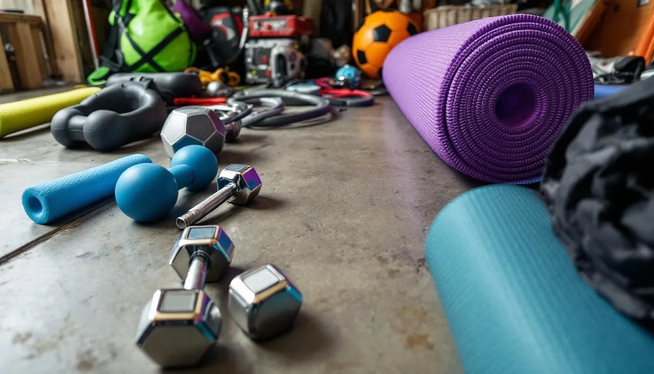 Na podłodze znajduje się różnorodny sprzęt sportowy i akcesoria do hobby, w tym hantle, piłki oraz maty do ćwiczeń. Taki zestaw może być doskonałym prezentem dla miłośnika aktywności fizycznej, idealnym wyborem na urodziny lub inna okazję.