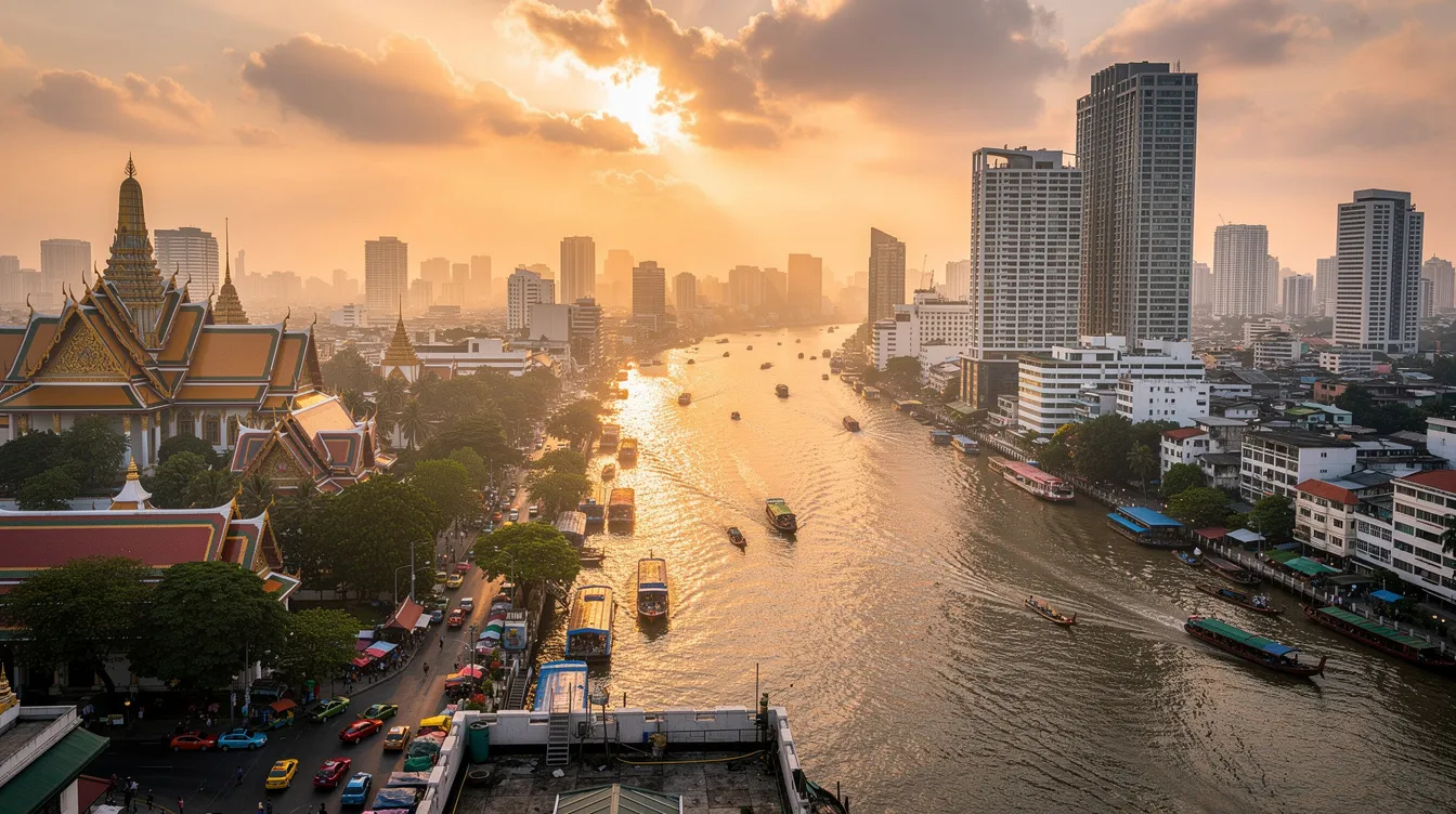 A imagem retrata uma bela vista de Bangkok, na Tailândia, com suas impressionantes construções e uma mistura vibrante de vida urbana. Ao fundo, pode-se ver o céu azul e algumas nuvens, enquanto a cidade se estende com suas atrações turísticas e movimentada vida noturna.