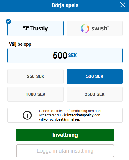 Insättningsfönstret hos Kungaslottet där spelare kan välja mellan Trustly och Swish samt logga in utan insättning.