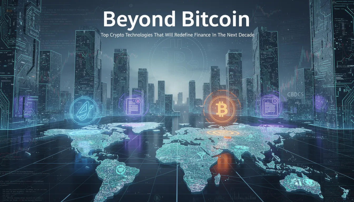 The image illustrates various top crypto technologies that are set to redefine finance in the next decade, showcasing elements like blockchain technology, decentralized finance, and digital assets. It emphasizes the potential for institutional adoption and the integration of tokenized real-world assets into traditional finance systems.