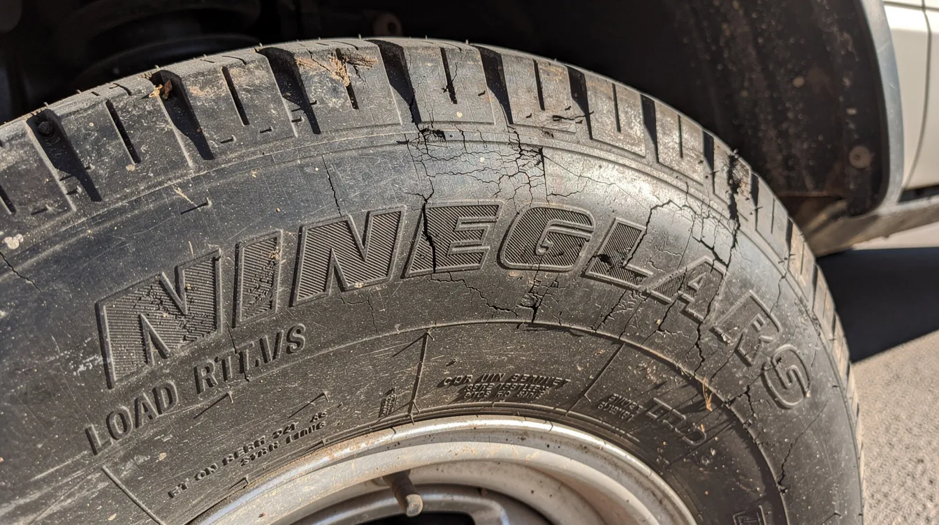 A close-up image of an RV tire highlights the intricate sidewall detail and tread pattern illuminated by sunlight, emphasizing the importance of regular maintenance for RV owners to prevent costly repairs. This visual serves as a reminder for RV enthusiasts to check tire pressure and ensure their vehicles are in top shape for the next adventure.