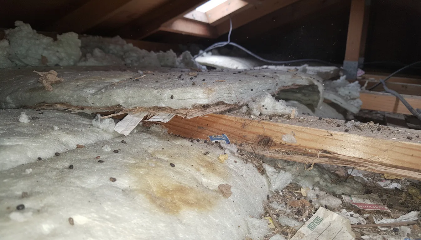 The image depicts damaged attic insulation with visible signs of rodent activity, including rodent droppings and contamination. This situation highlights the importance of attic cleaning services to address pest infestations and improve indoor air quality.