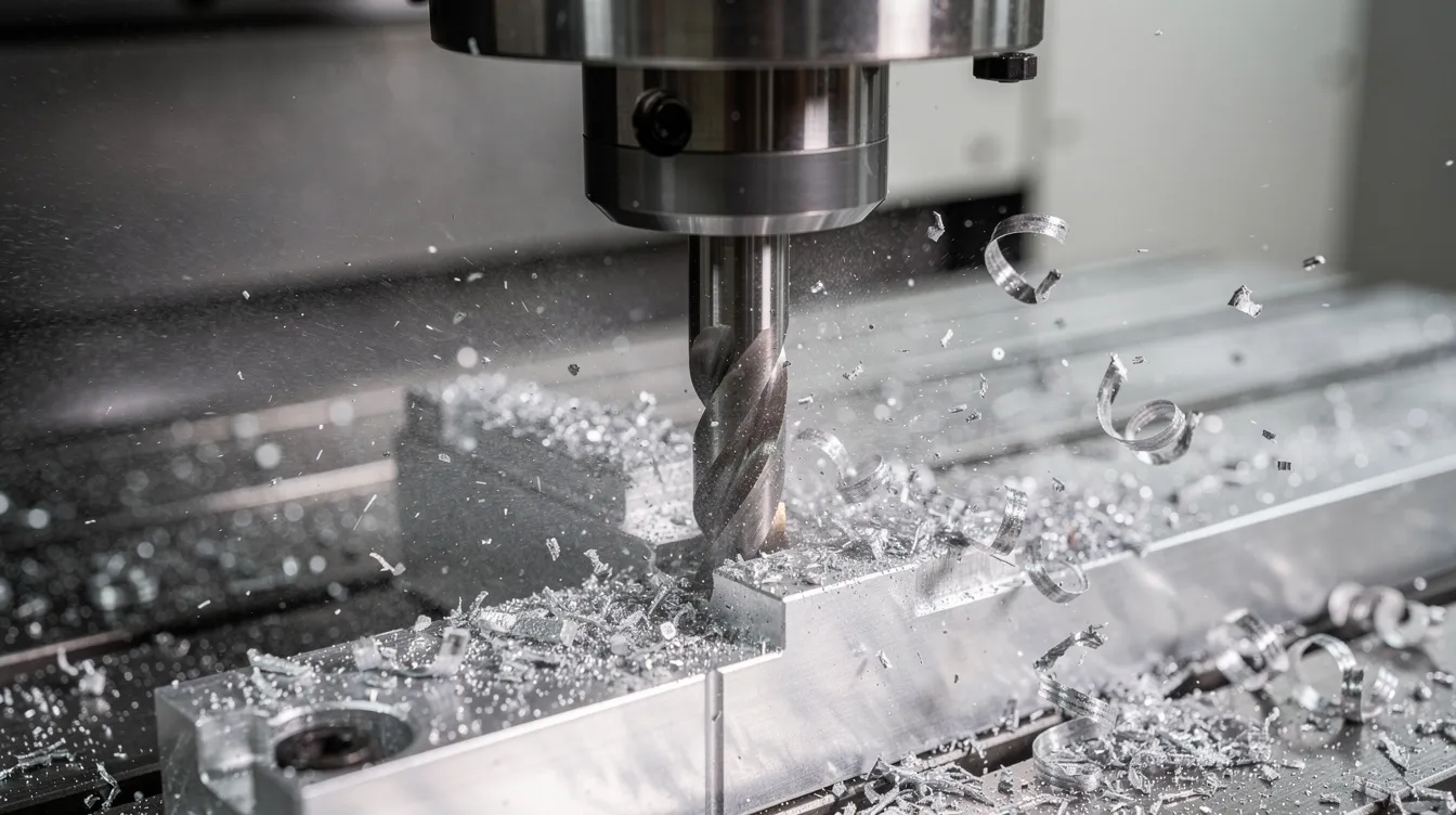 A close-up view of a CNC machining center spindle is shown, with an end mill cutting into an aluminum workpiece, while metal chips are flying and a mist of coolant is visible. This image highlights the precision and efficiency of modern manufacturing processes in industries utilizing CNC machines.