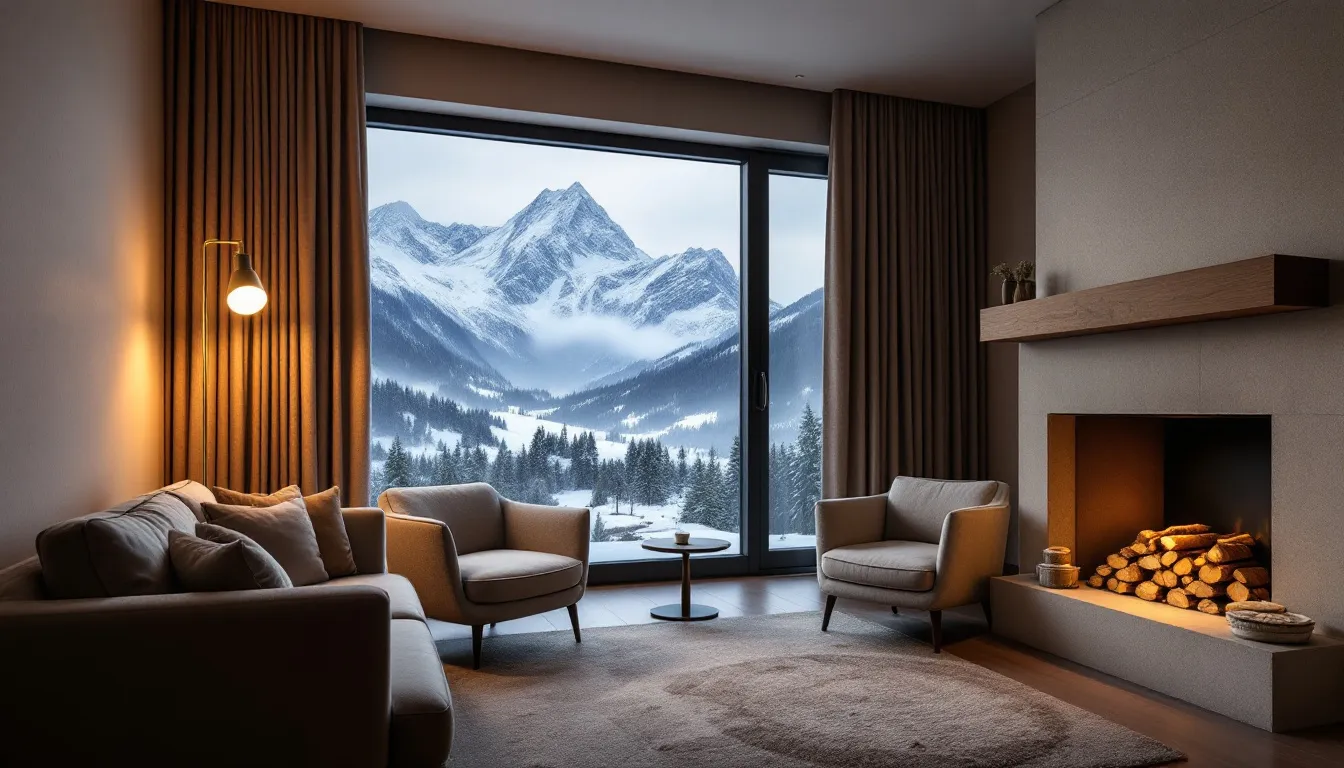 A cozy hotel room interior at the Brian Head Lodge features a stunning mountain view through large windows, a warm fireplace, and comfortable seating, making it an inviting retreat for travelers in southern Utah. The room is designed for relaxation, perfect for guests visiting the nearby Brian Head Ski Resort.