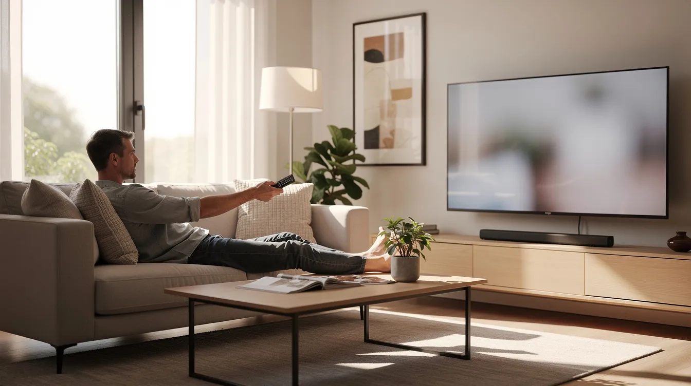 A person is comfortably relaxing on a modern couch in a bright living room, holding a remote control aimed at a large flat-screen TV, which is likely streaming content from one of the best IPTV services. The scene suggests a premium streaming experience, highlighting the convenience of watching live TV channels and enjoying high-quality streaming in a cozy setting.