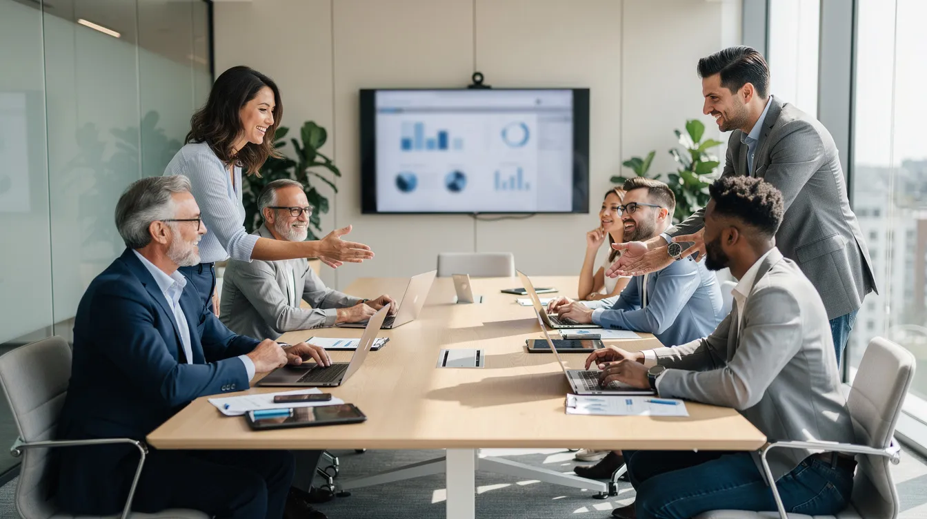 Une équipe de collègues est réunie dans une salle de réunion moderne, échangeant des idées et donnant du feedback sur leurs projets en cours. L'ambiance collaborative favorise la communication entre les membres, renforçant ainsi leur engagement et leur performance au sein de l'entreprise.