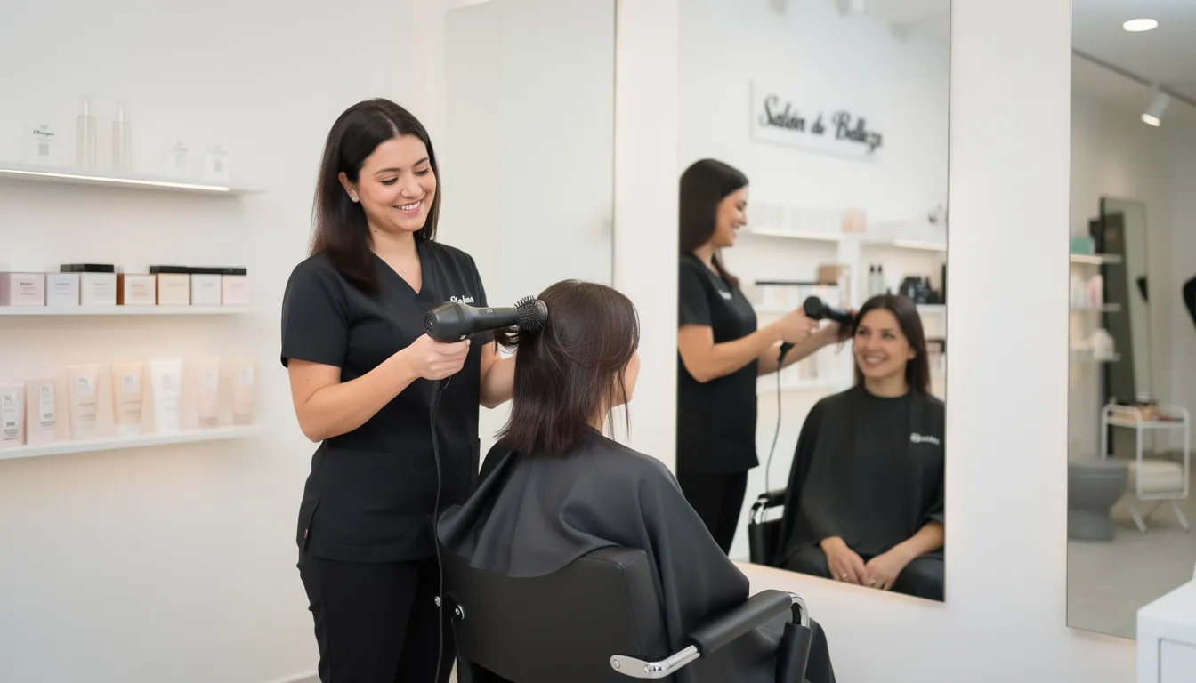 Un profesional de belleza atiende a un cliente satisfecho en un salón moderno, rodeado de herramientas de trabajo y una decoración elegante. La escena refleja una experiencia de atención personalizada, ideal para promocionar servicios a través de plataformas como WhatsApp Business.