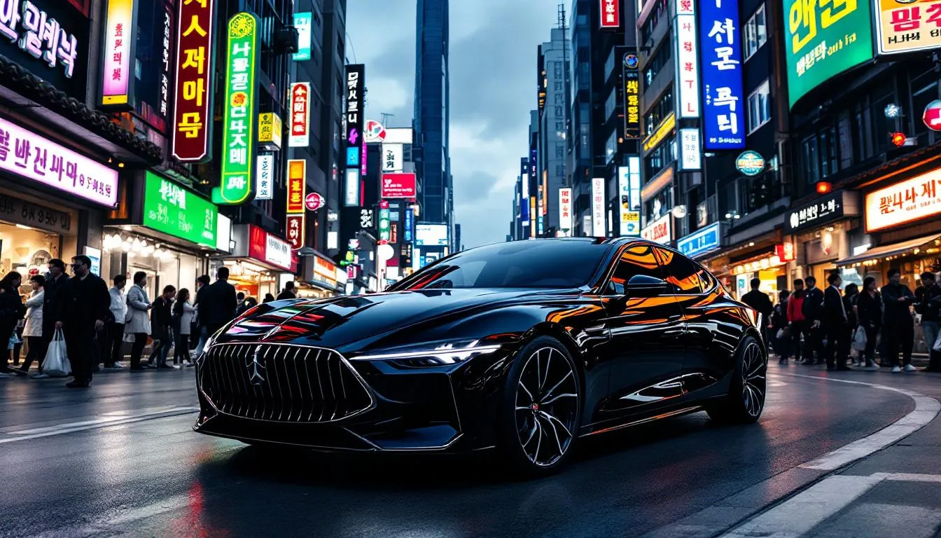 A car is being detailed in the bustling streets of Seoul, surrounded by various quality car care products and professional-grade tools. The scene reflects a commitment to achieving professional-grade results, showcasing the expertise of seasoned professionals dedicated to maintaining the vehicle's performance and appearance.