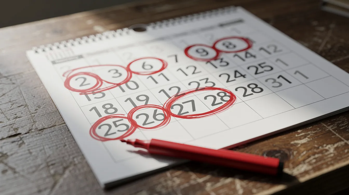 A wall calendar is displayed on a wooden desk, featuring several dates circled in red marker, possibly indicating important financial deadlines related to home equity loans or repayment periods for a home equity line of credit (HELOC). The calendar serves as a reminder for homeowners to manage their outstanding balance and interest payments effectively.