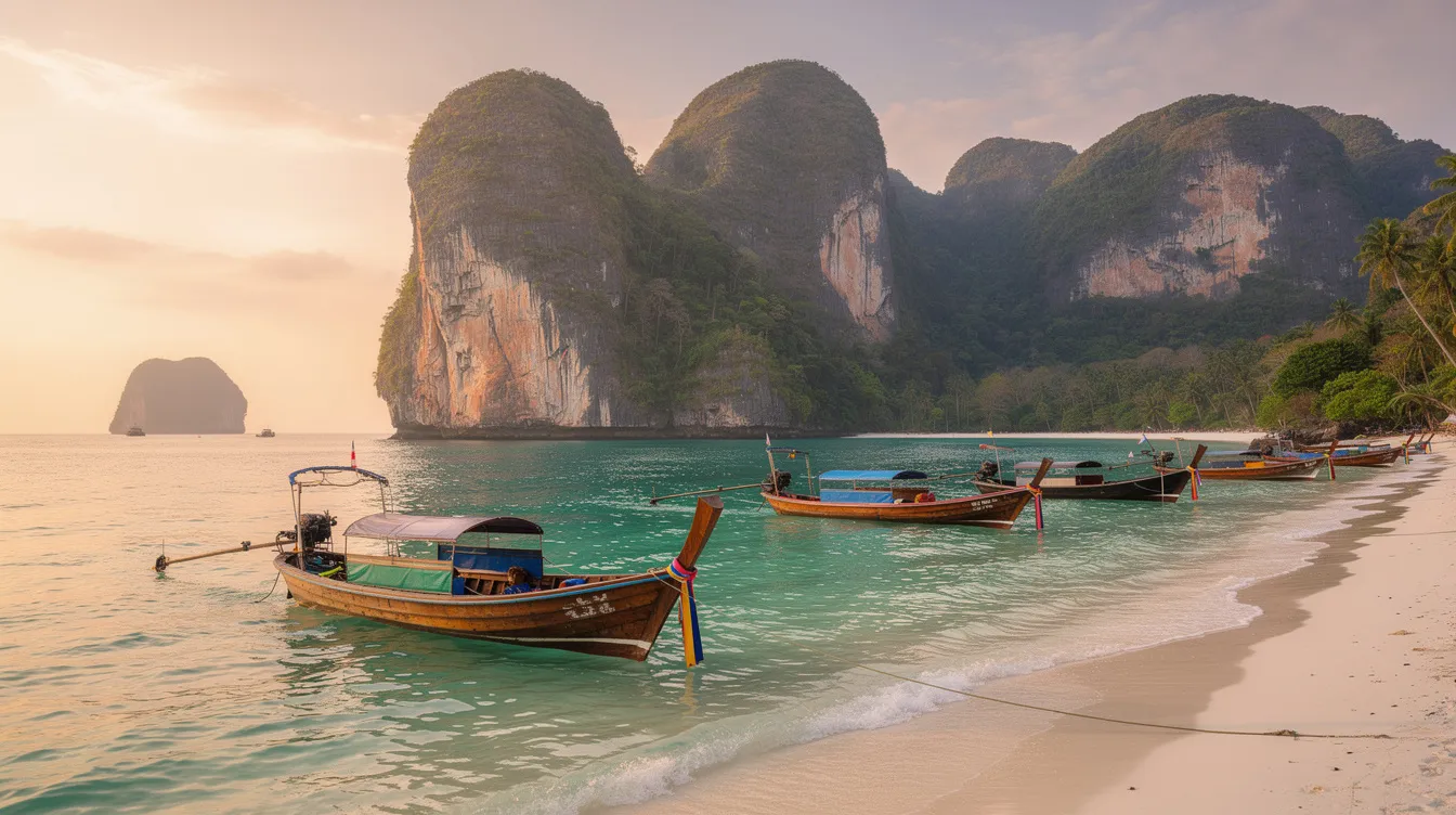 Imagem de Krabi, Tailândia, mostrando suas belas praias de areia branca e águas cristalinas do Golfo da Tailândia, com montanhas cobertas de vegetação ao fundo. A cena é repleta de turistas aproveitando o sol e a vida noturna vibrante da cidade.
