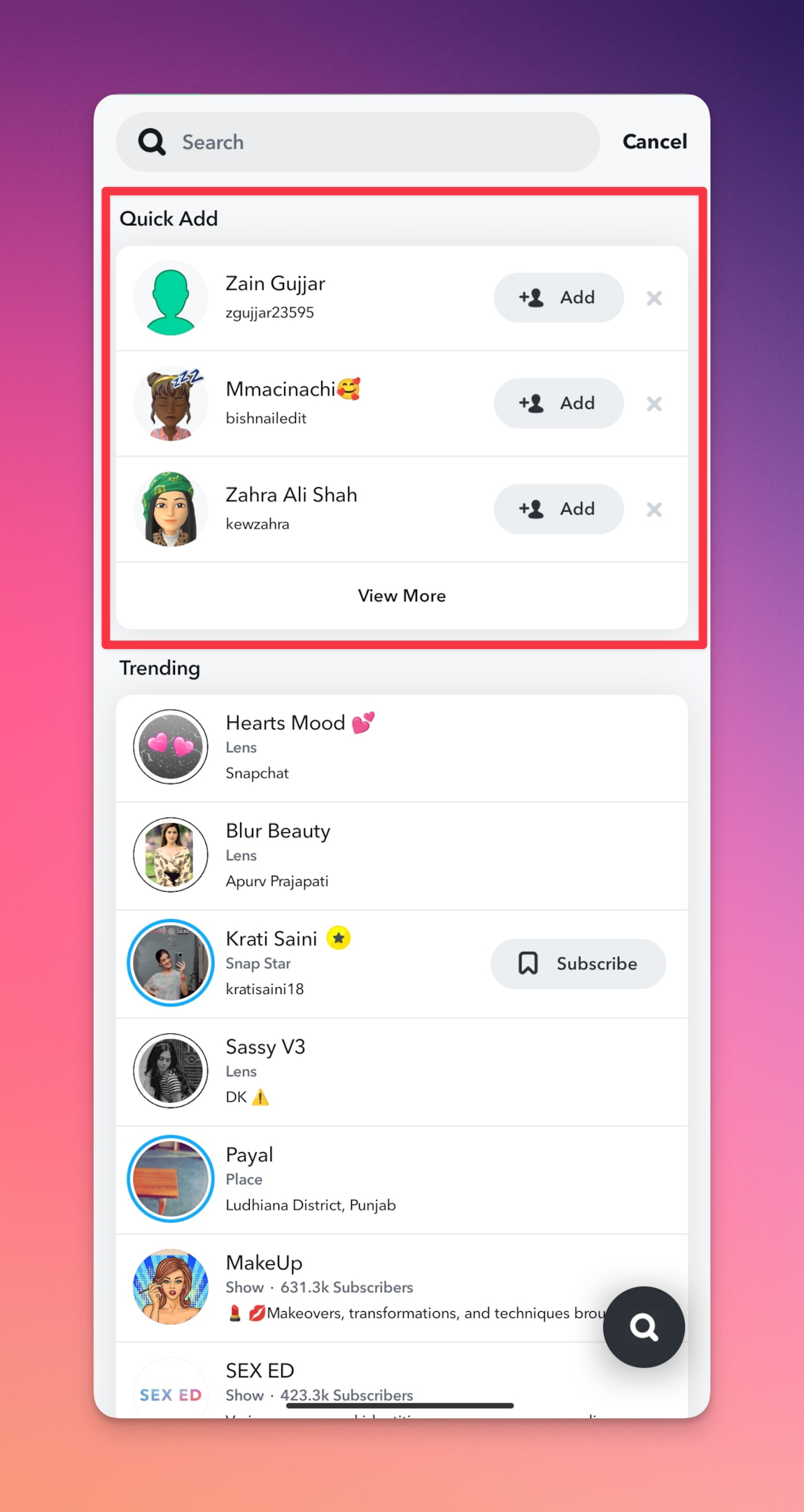 Remote.tools showing to add friends on Snapchat using "Quick add" feature. This feature is useful to add selected friend to your snapchat network. Simply press add icon to add anyone from the list as friends on Snapchat.