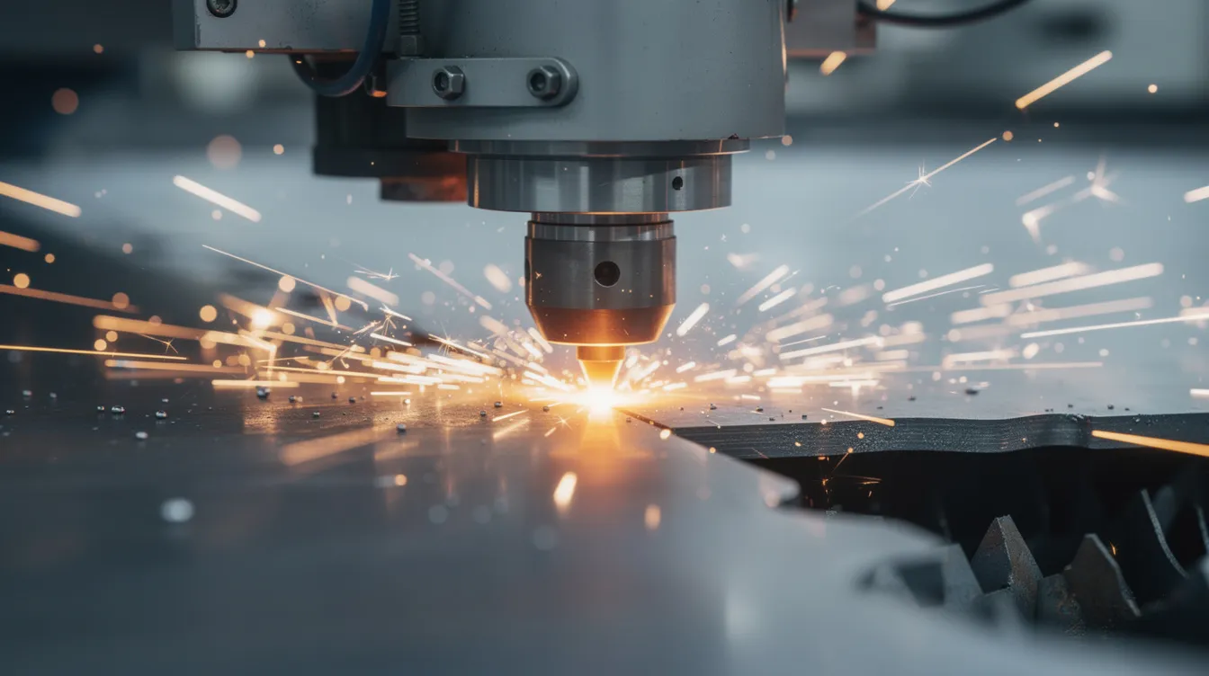 A close-up of an industrial CNC laser cutting head is shown slicing through a steel sheet, with bright sparks flying from the cutting process. This image highlights the precision of sheet metal fabrication techniques used in creating complex shapes from metal sheets.