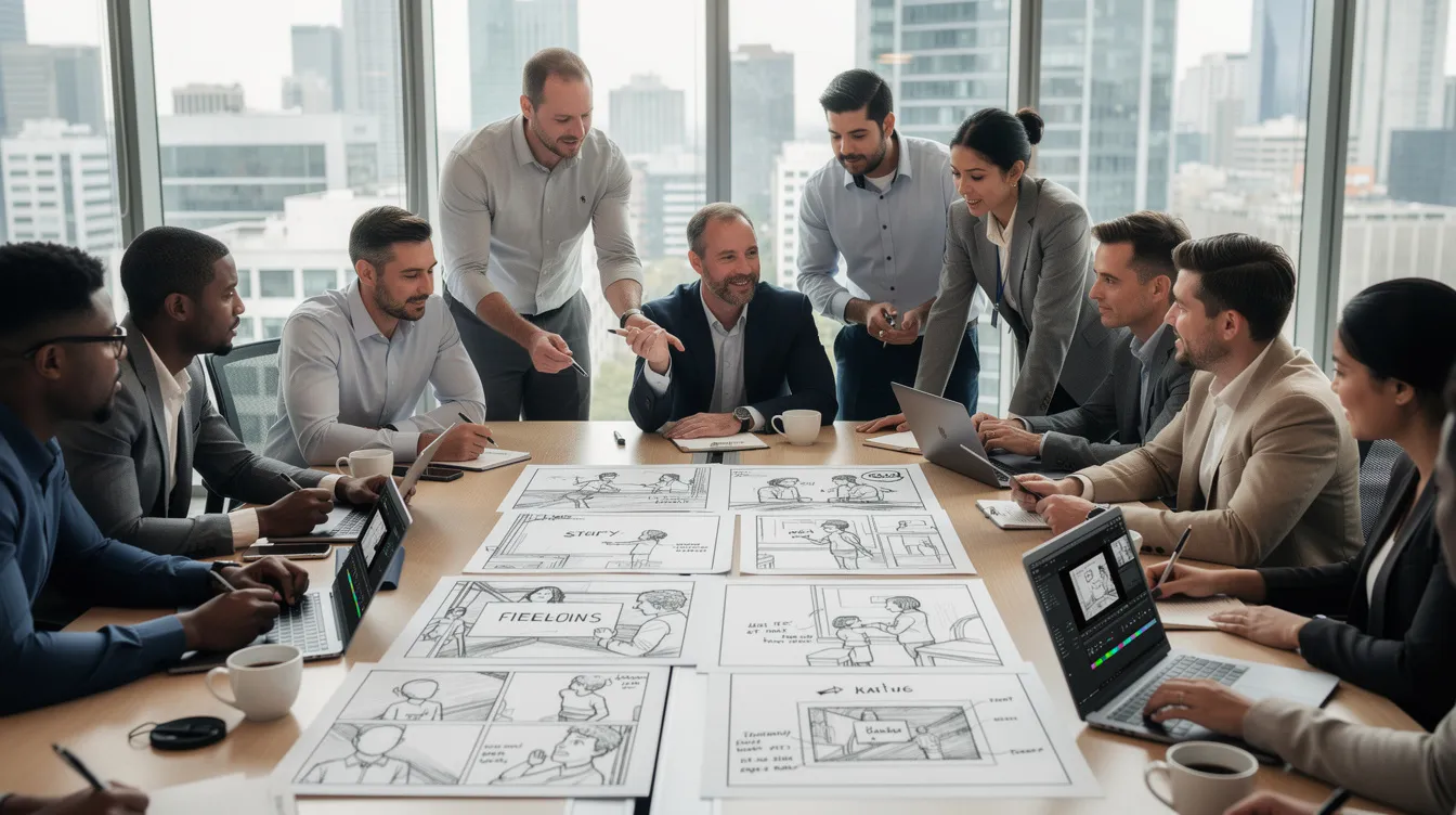 A professional video production team is gathered around a conference room table, intently reviewing storyboards as part of the pre-production planning process for an upcoming TV commercial. The atmosphere reflects collaboration and creativity, essential for developing an effective TV ad that resonates with the target audience.