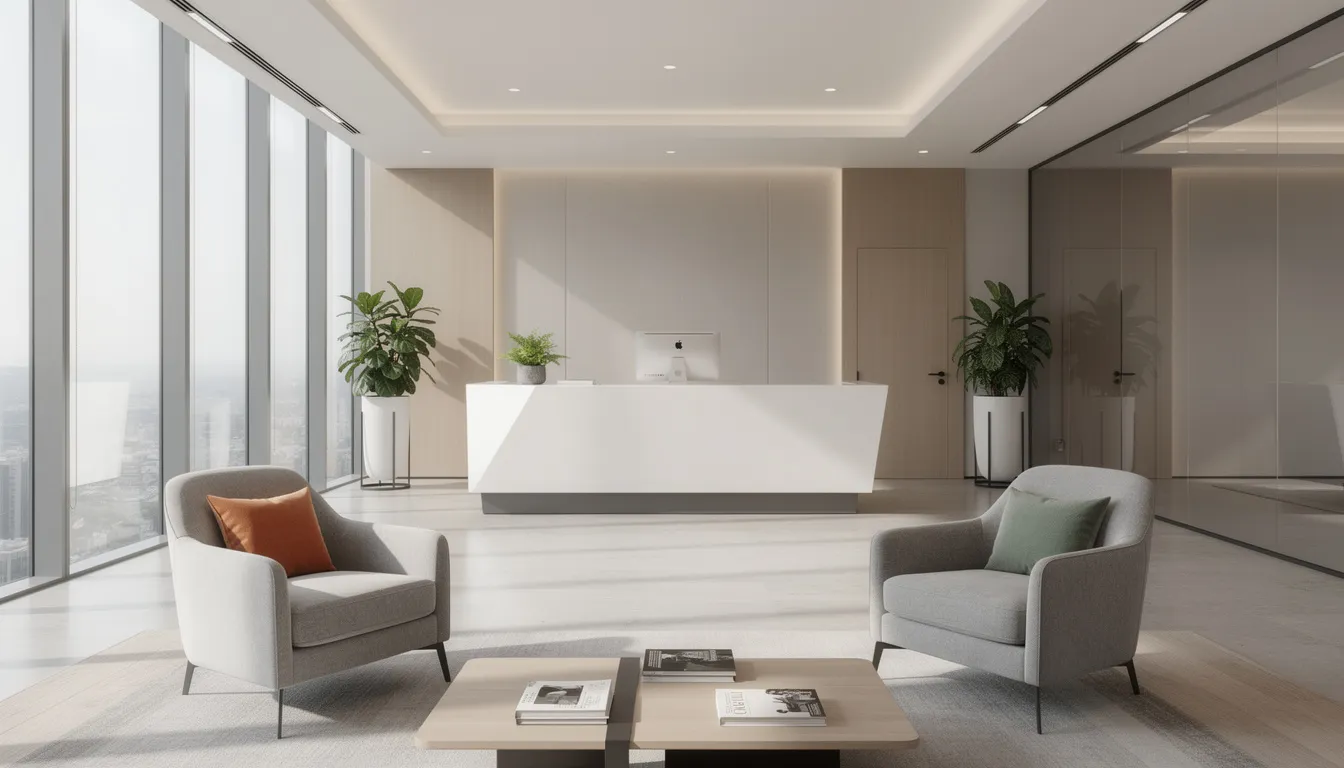 The image depicts a modern reception area featuring stylish guest chairs with padded seats and armrests, designed for all-day comfort. Natural light floods the space, creating an inviting atmosphere that enhances the professional touch of the office environment.