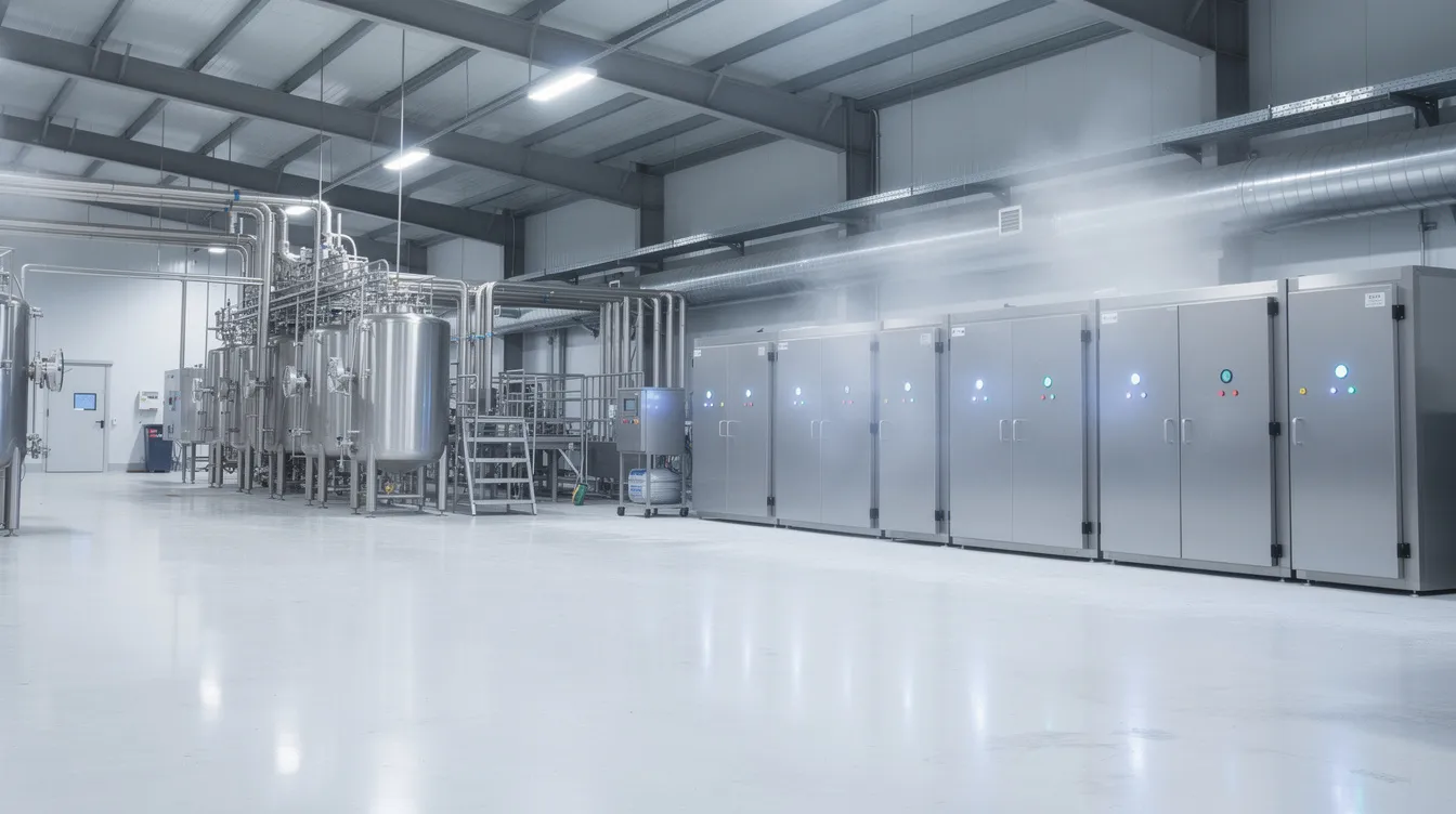 ac0d419d 066f 46d3 b99f ef3197c16ebc The image depicts a modern dairy processing plant featuring stainless steel equipment and refrigerated storage units, highlighting the advanced infrastructure used in milk processing. This facility is designed to ensure food safety standards while efficiently managing the production of various milk and dairy products.