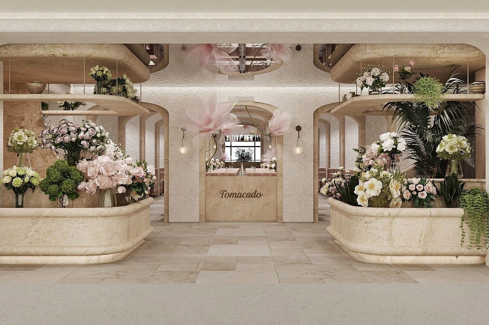 A large, colorful flower display in Tomacado Singapore, highlighting the floral-themed dining concept from Beijing.