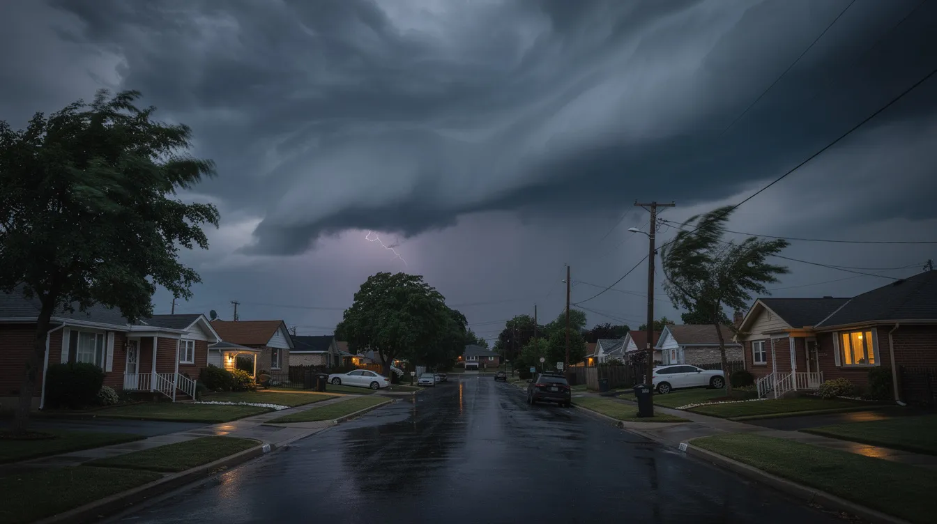 The image depicts dark storm clouds looming over a quiet suburban neighborhood, creating a sense of foreboding. This scene symbolizes potential financial strain, much like the uncertainties of interest rates and market fluctuations that can affect home equity and investment decisions.