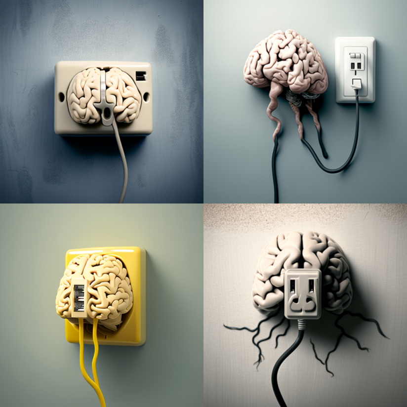an AI/ machine learning  concept that shows 4 brains plugged into electrical outlets.