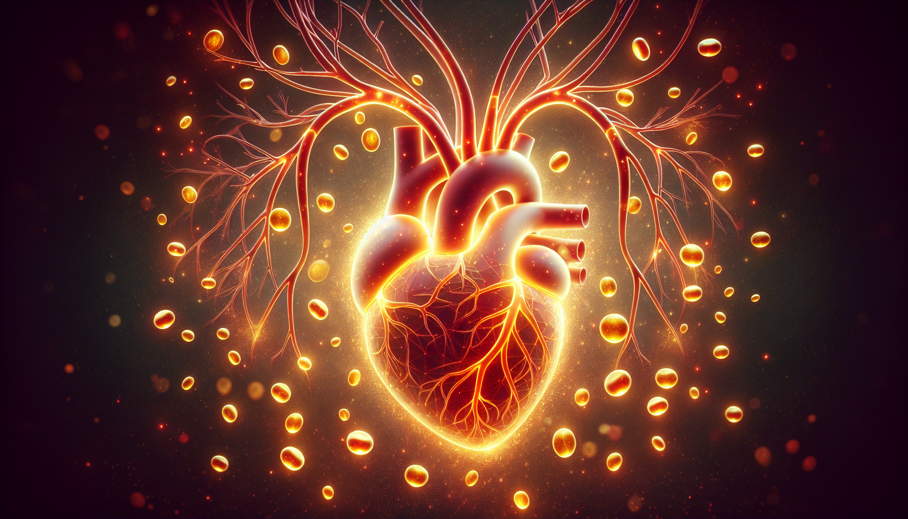 Heart-shaped symbol with blood vessels and vitamin E molecules