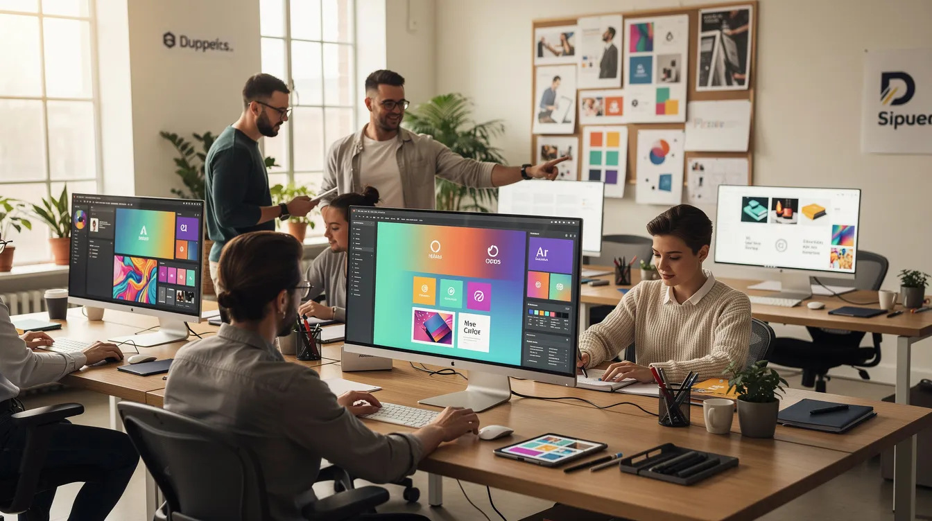 The image depicts a modern creative office workspace where graphic designers are focused on large monitors displaying vibrant website layouts and brand mockups, showcasing their expertise in web design and digital marketing. This dynamic environment highlights the collaboration and innovative ideas essential for a successful digital agency.