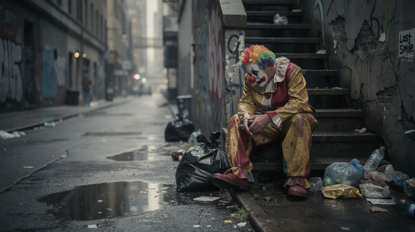 Ein einsamer Mann in einem abgenutzten Clown-Kostüm sitzt auf einer schmutzigen Treppe in einer grauen, heruntergekommenen Gasse von Gotham City, umgeben von Müll und Graffiti. Die Szene vermittelt eine düstere Stimmung und erinnert an die Figur des Arthur Fleck aus dem Film von Todd Phillips.