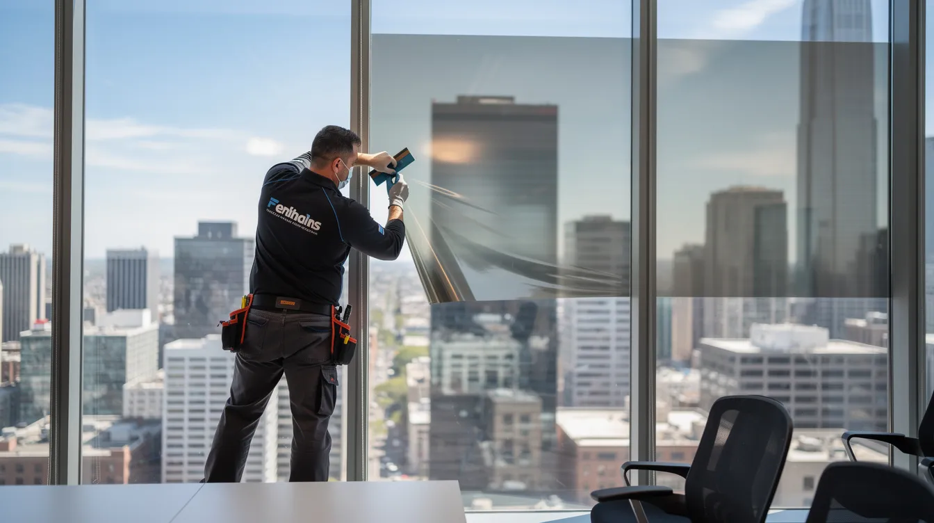 A professional installer is applying reflective architectural window film to a large office building window, with stunning city views in the background. This installation process enhances energy efficiency and occupant comfort by reducing heat gain and glare, making it a valuable business opportunity for commercial buildings.