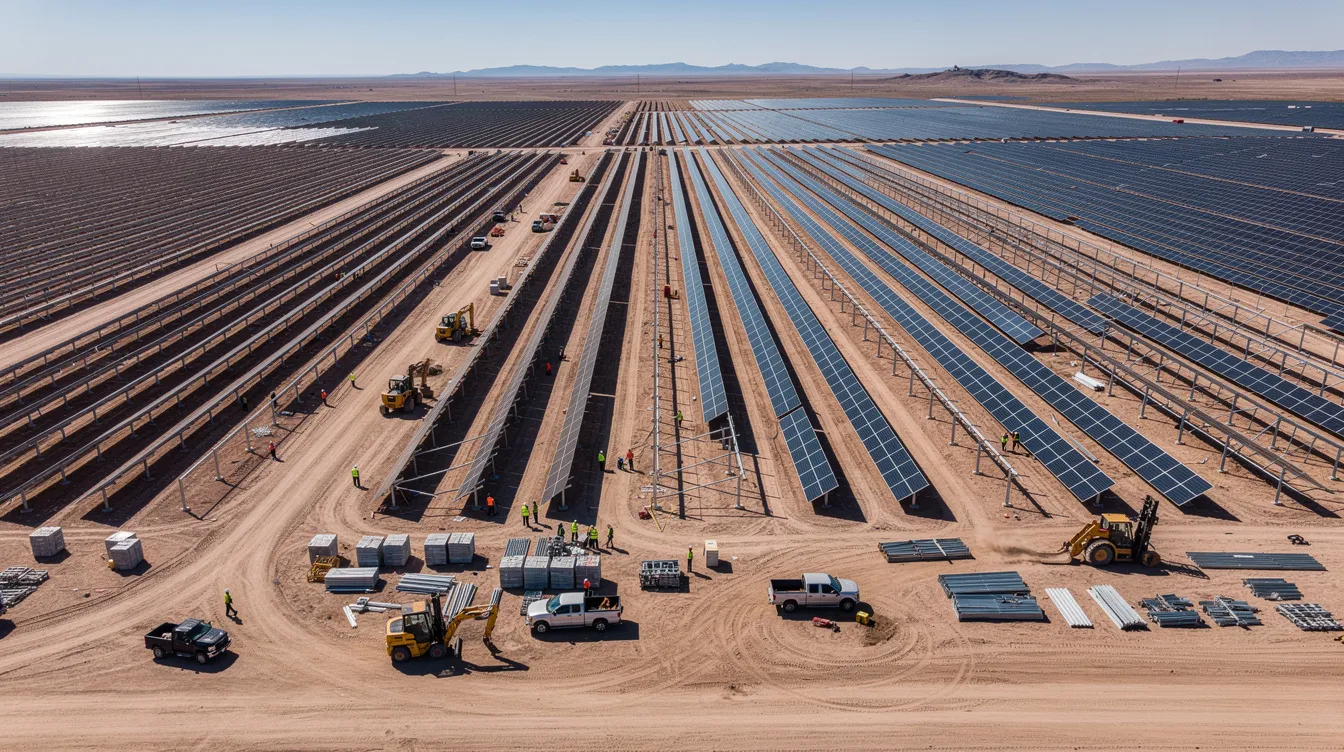 An aerial view showcases a large-scale solar project under construction, featuring workers and heavy equipment actively engaged in project development. This renewable energy project emphasizes the growing importance of solar power in the energy industry, highlighting efforts to meet environmental compliance and advance renewable energy investments.