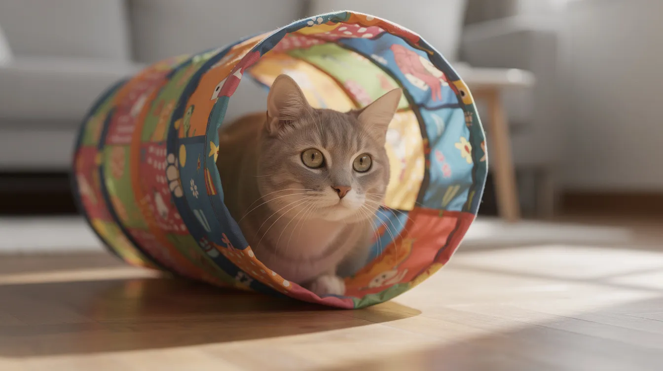 A curious cat peeks out from a colorful fabric cat tunnel, which is placed on a hardwood floor in a small, tidy apartment living room. This interactive play space offers the cat a sense of security while encouraging exploration and mental stimulation.